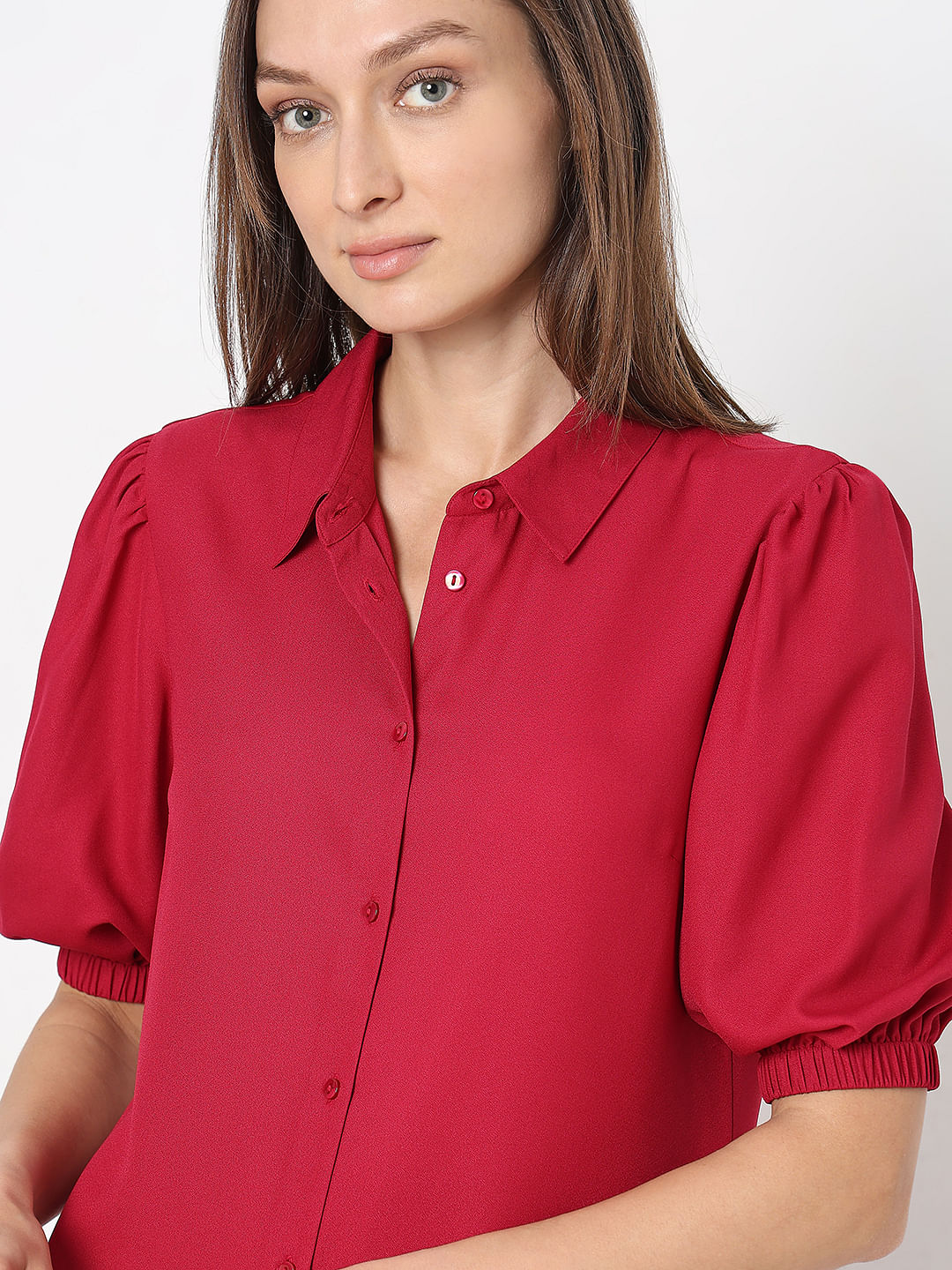 Red Puff Sleeves Shirt Dress