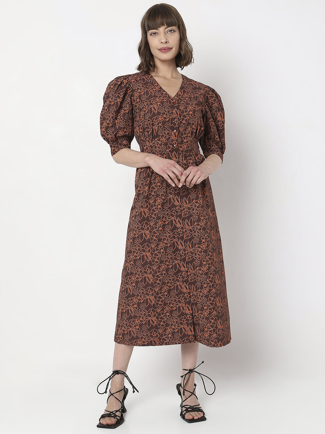 Brown Floral Midi Dress