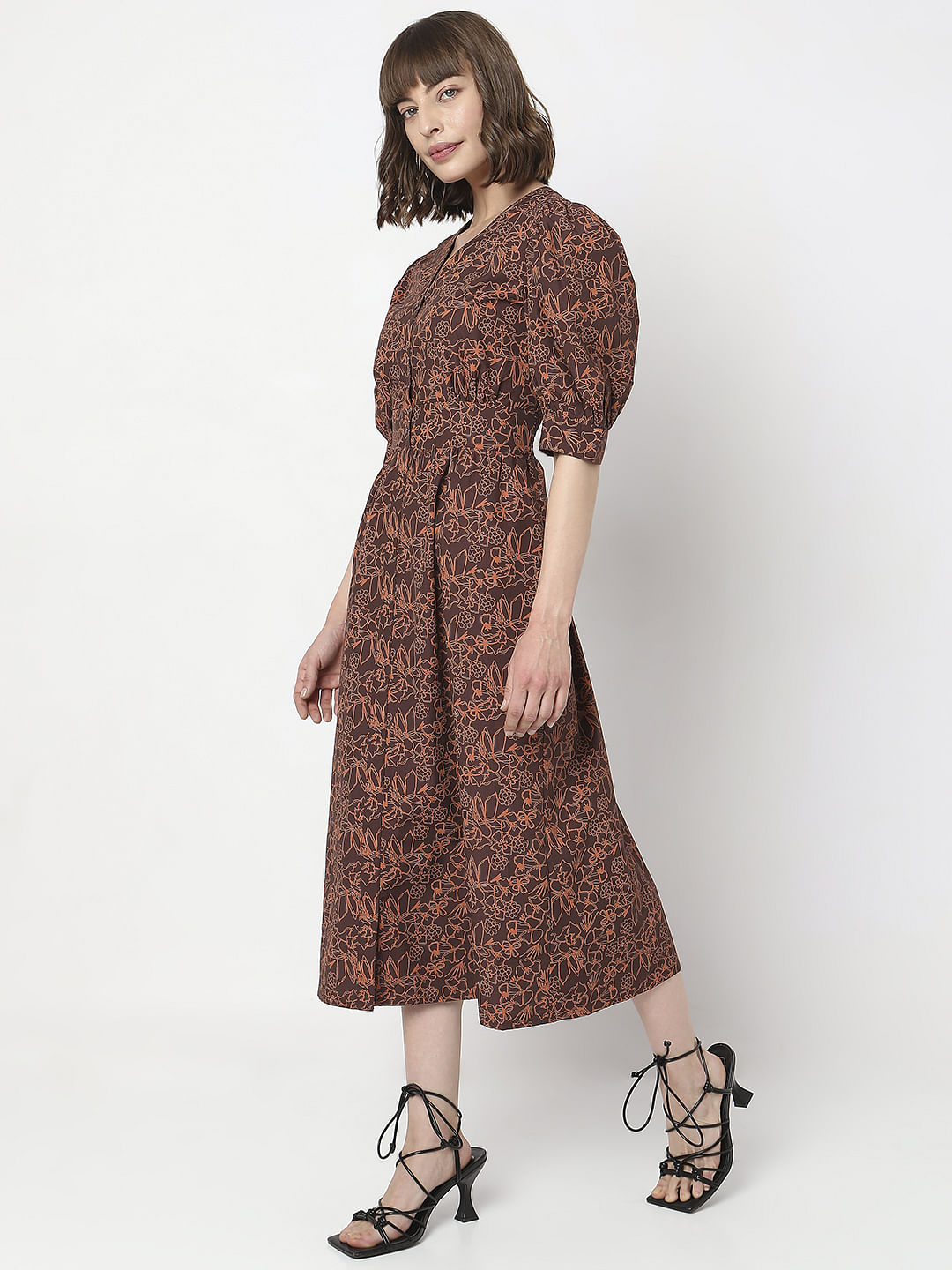Brown Floral Midi Dress