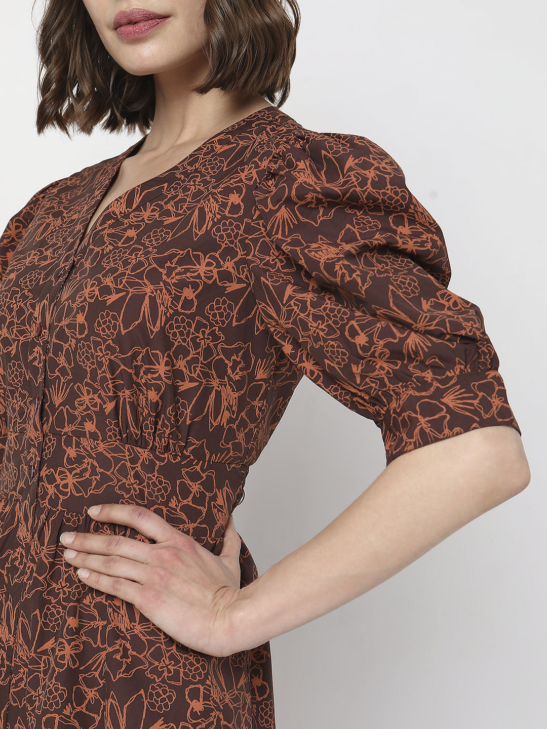 Brown Floral Midi Dress