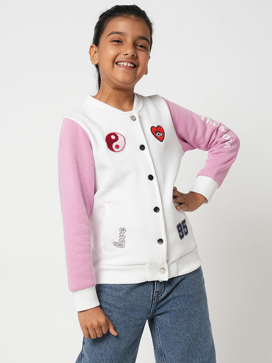 Girl White Colourblocked Bomber Jacket