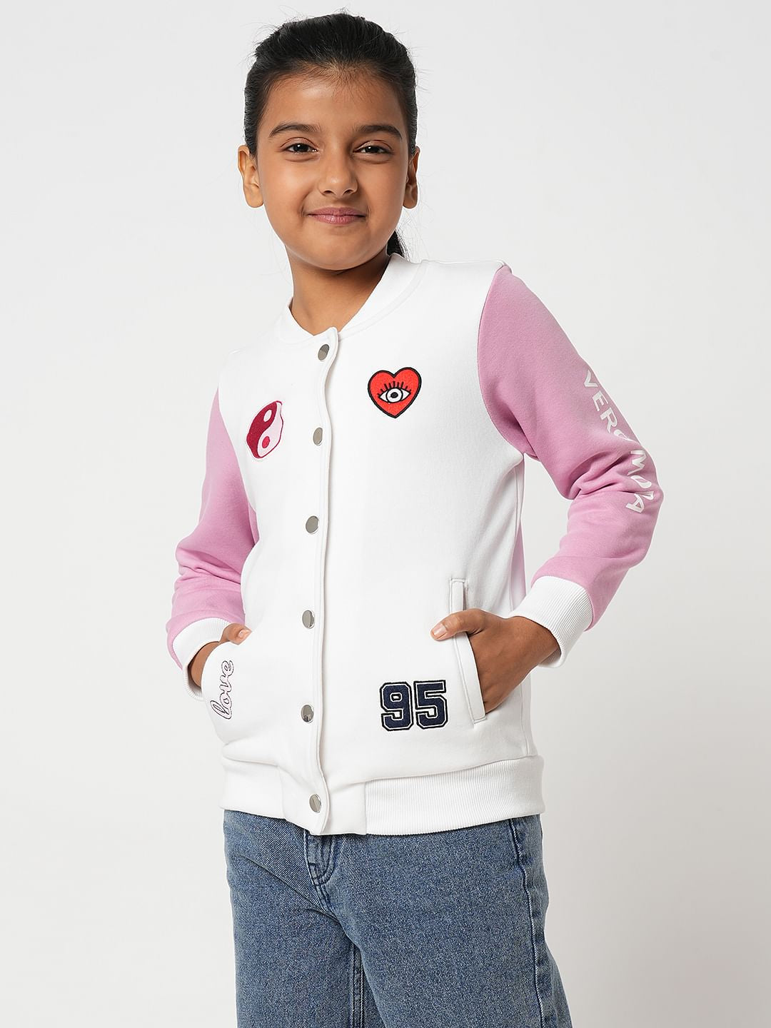 Girl White Colourblocked Bomber Jacket