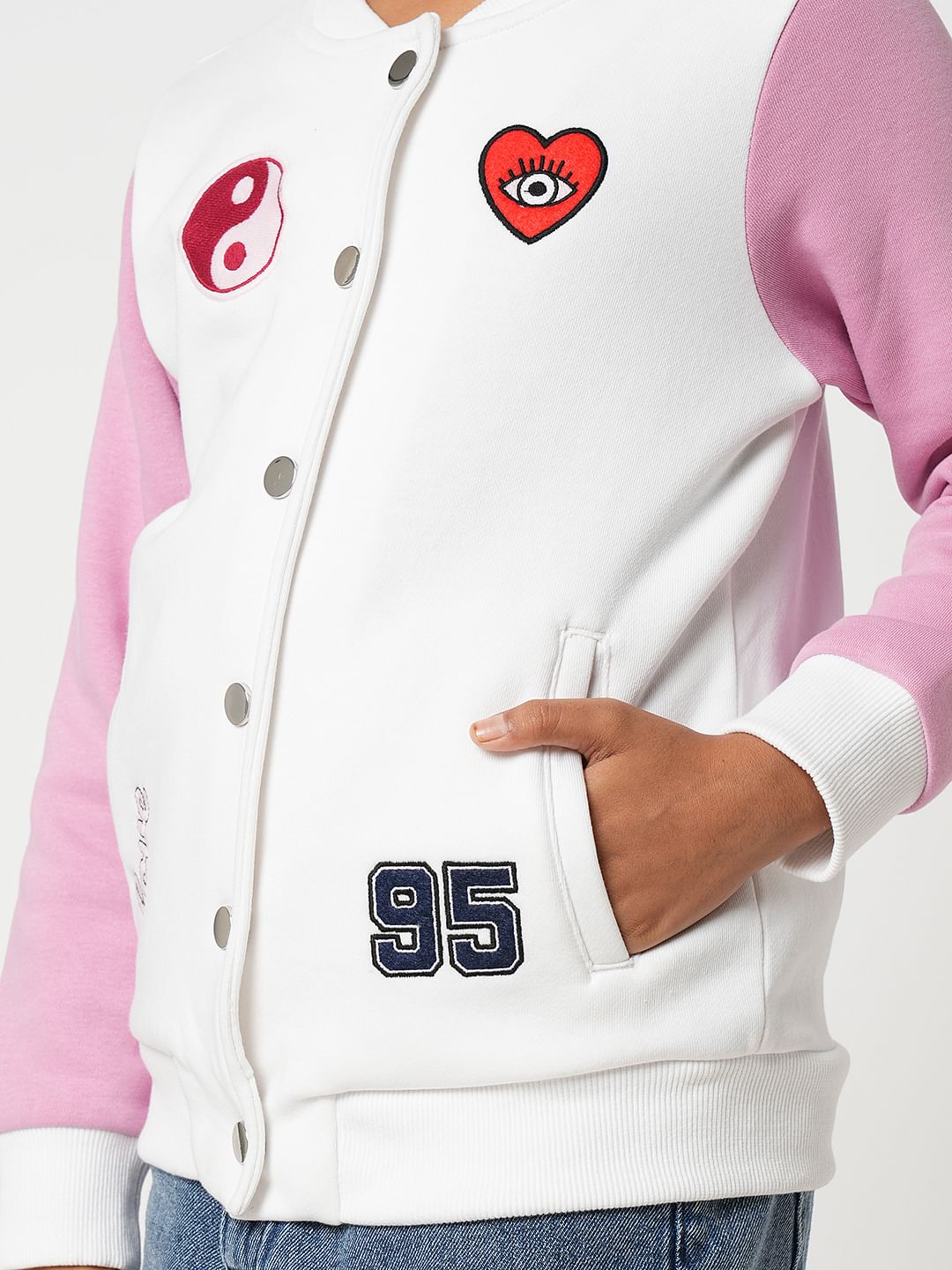 Girl White Colourblocked Bomber Jacket