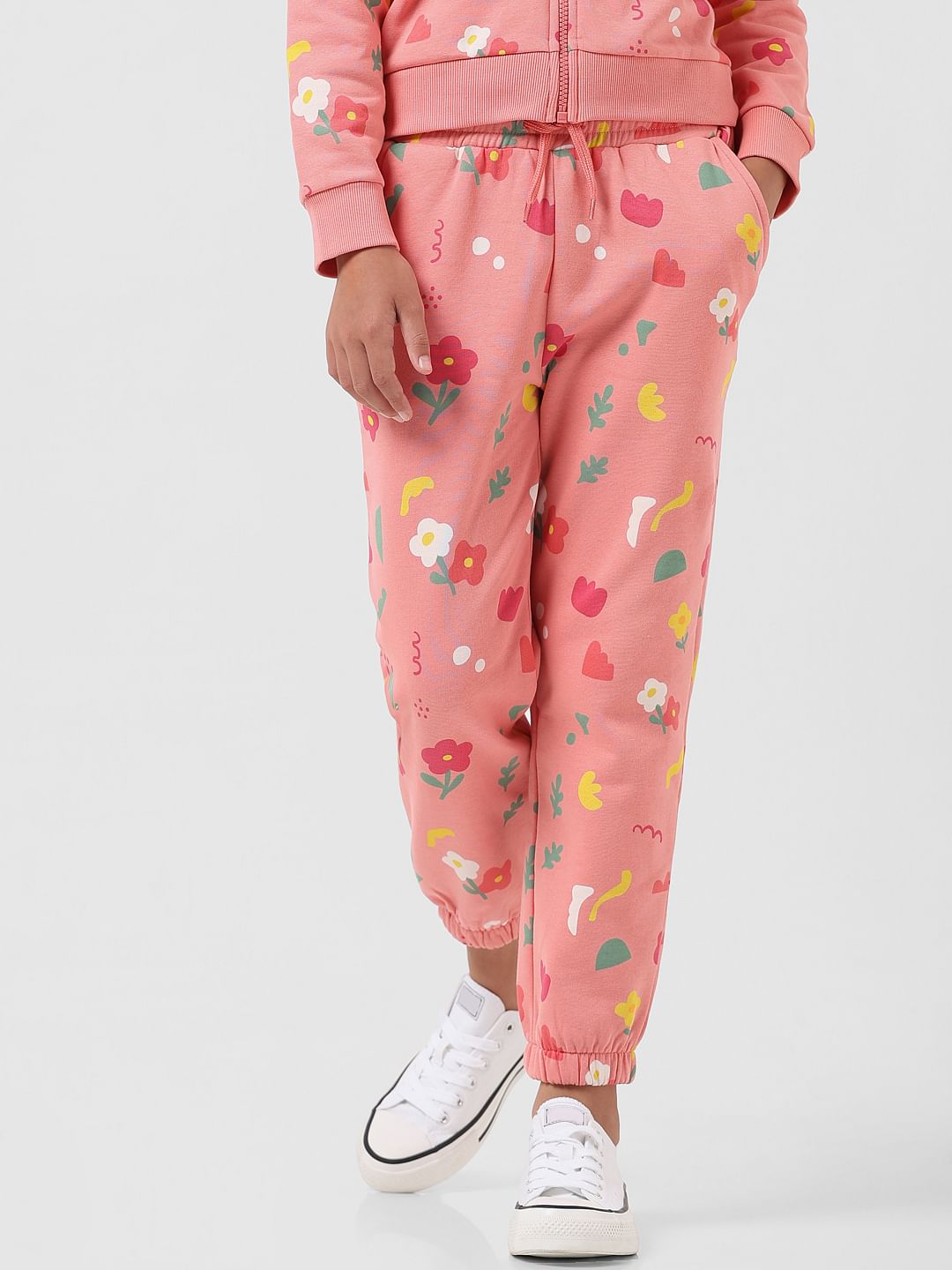 Girl Peach Mid Rise Abstract Print Sweatpants