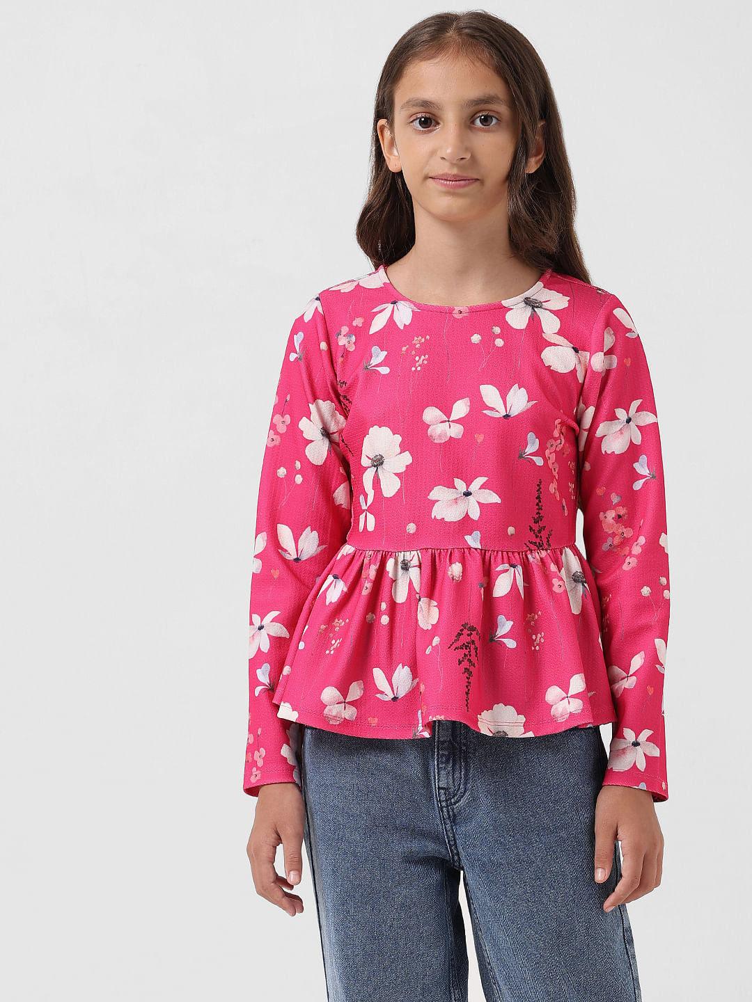 Girl Pink Floral Print Peplum Top