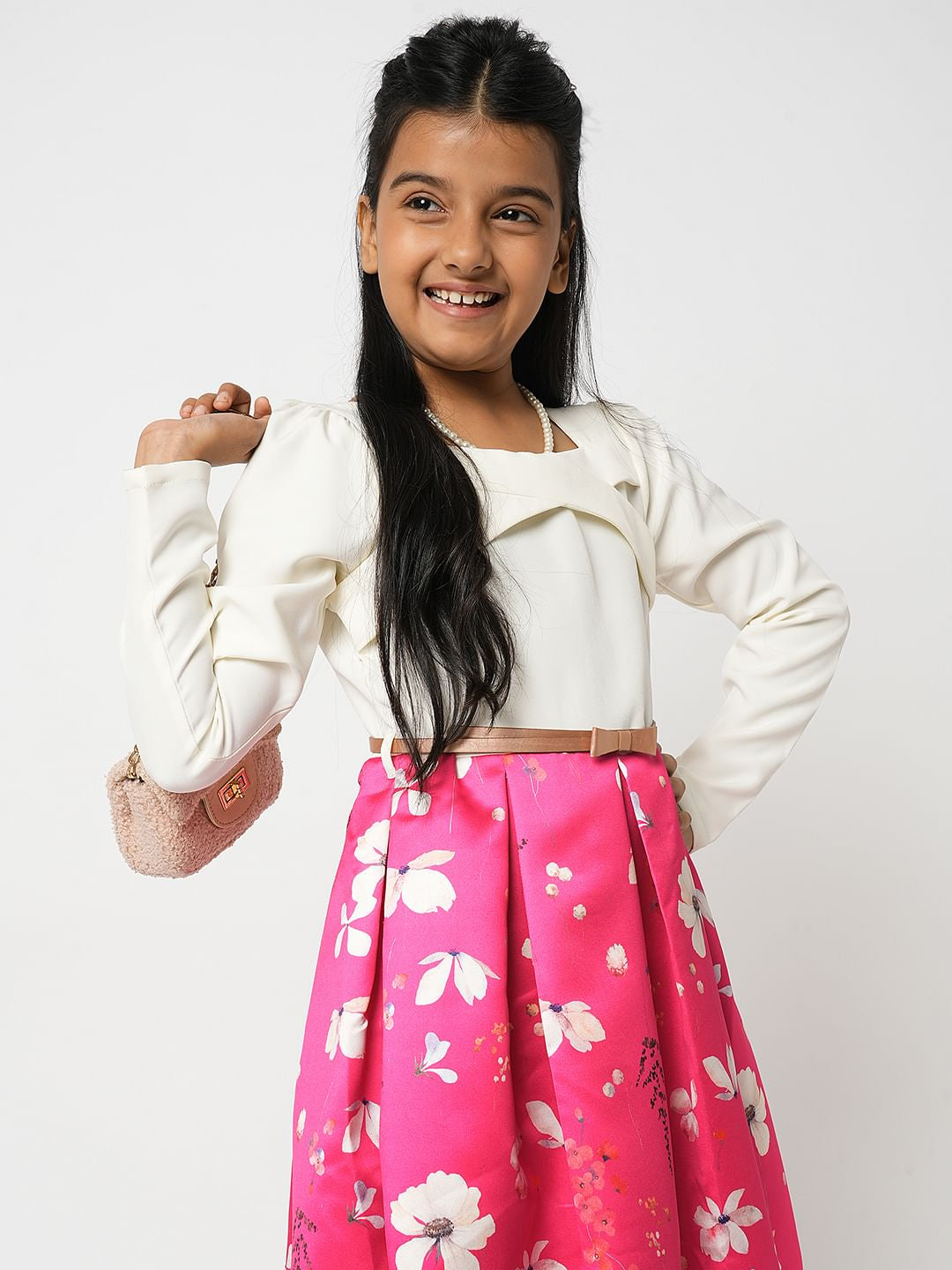 Girl Pink Colourblocked Fit & Flare Dress