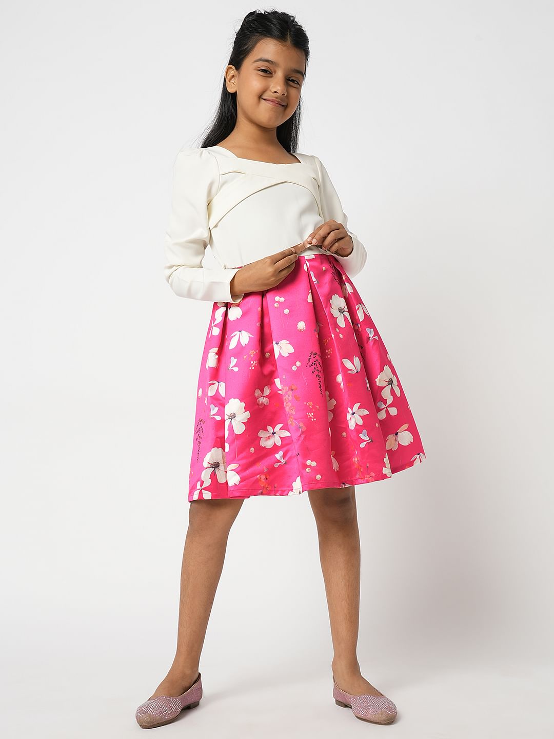 Girl Pink Colourblocked Fit & Flare Dress