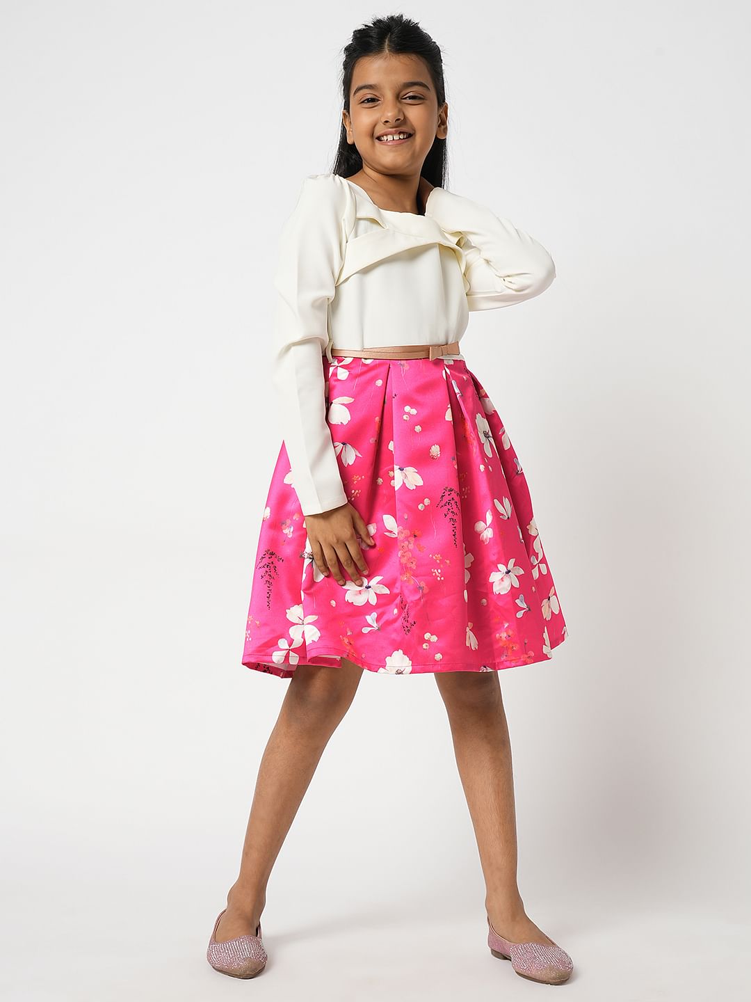 Girl Pink Colourblocked Fit & Flare Dress