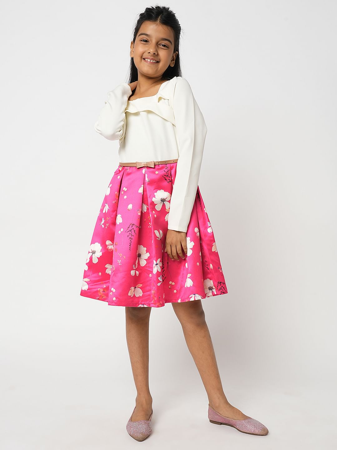 Girl Pink Colourblocked Fit & Flare Dress