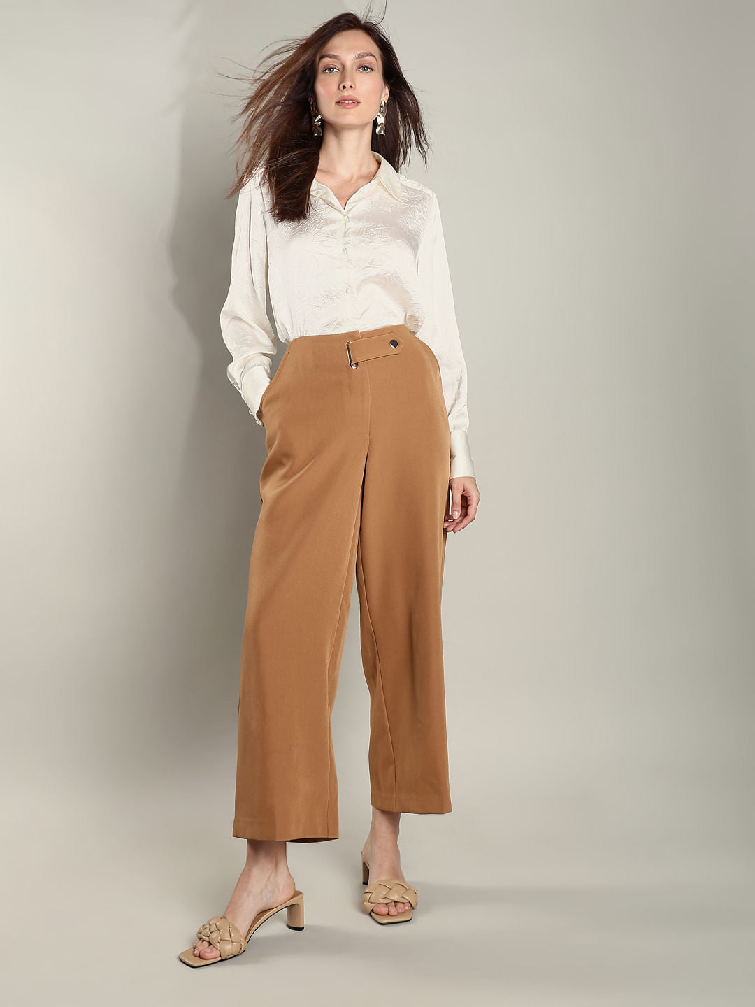 Brown Mid Rise Wide Leg Pants