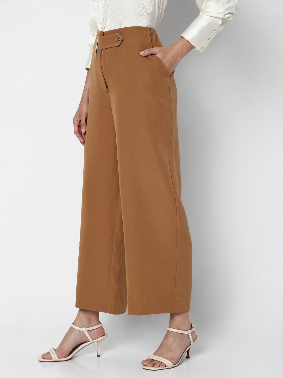 Brown Mid Rise Wide Leg Pants