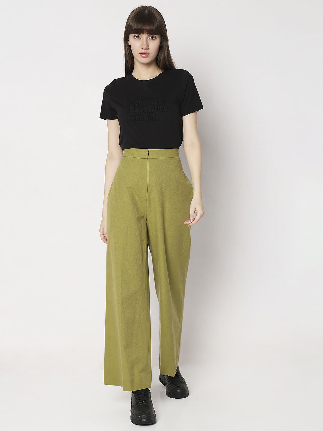 Green Mid Rise Flared Pants