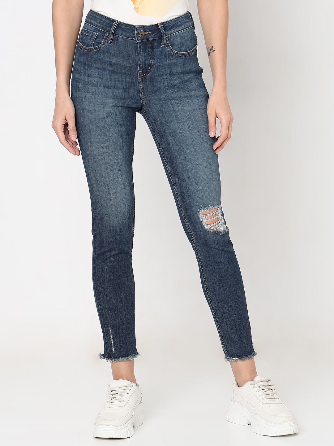 Blue Mid Rise Distressed Wendy Skinny Jeans