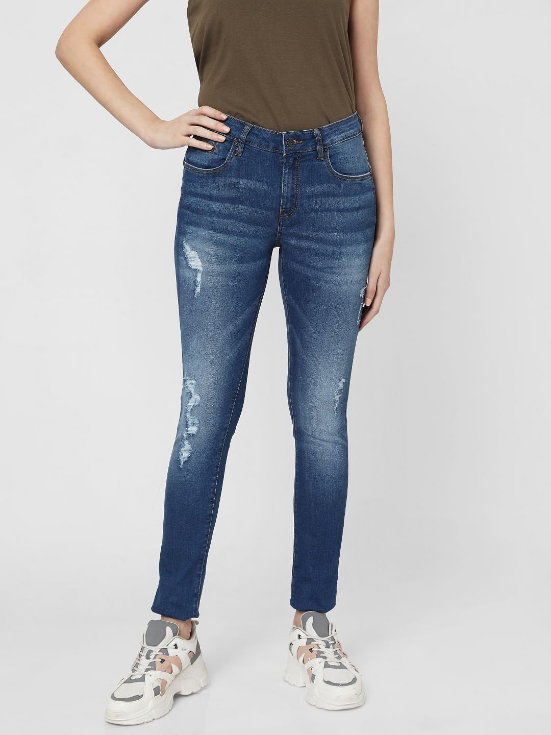 Blue Mid Rise Ripped Pushup Jeans
