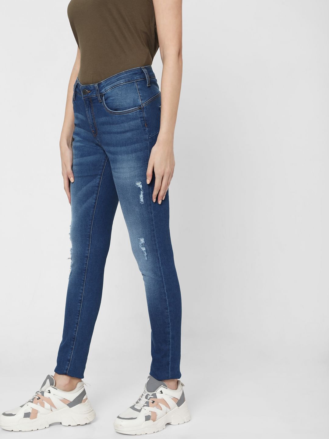 Blue Mid Rise Ripped Pushup Jeans