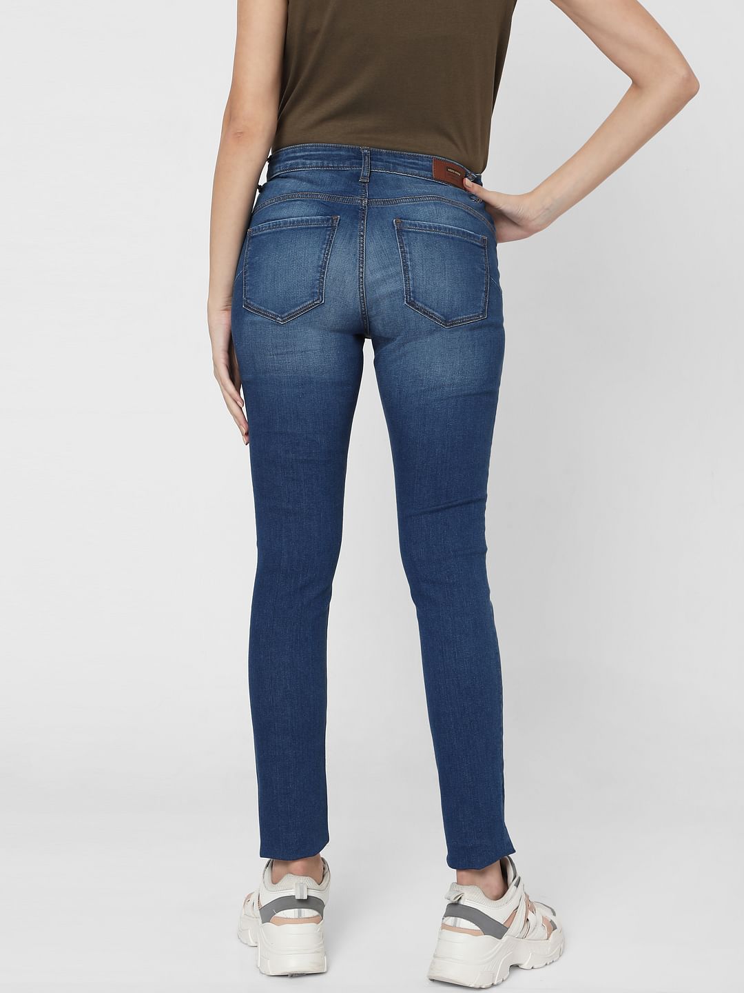 Blue Mid Rise Ripped Pushup Jeans