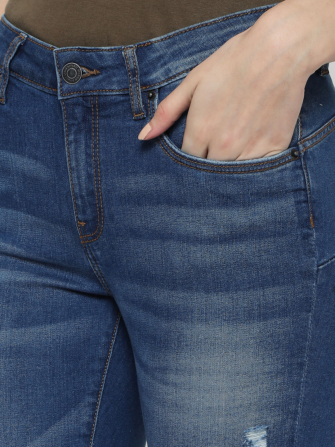Blue Mid Rise Ripped Pushup Jeans