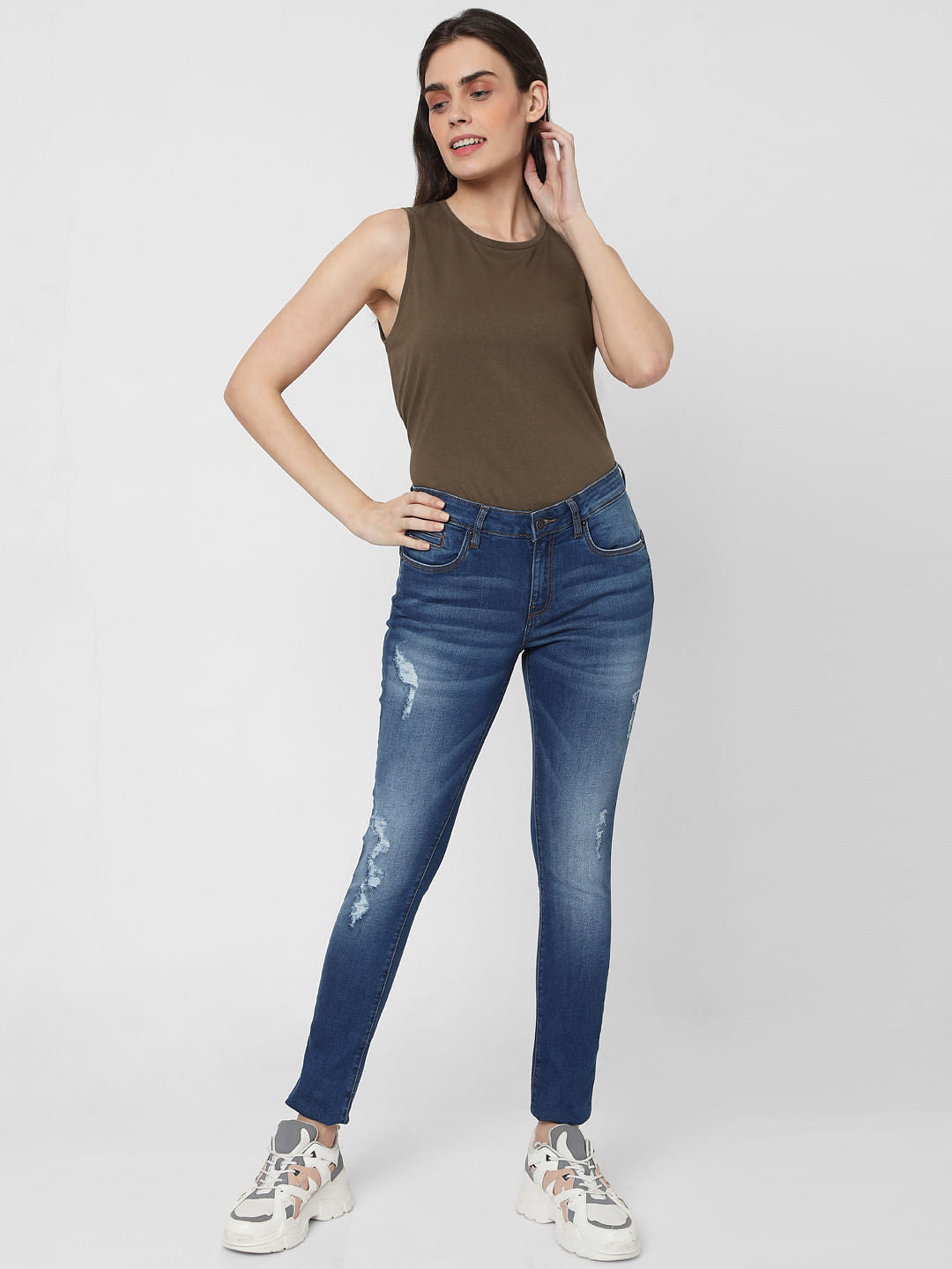 Blue Mid Rise Ripped Pushup Jeans