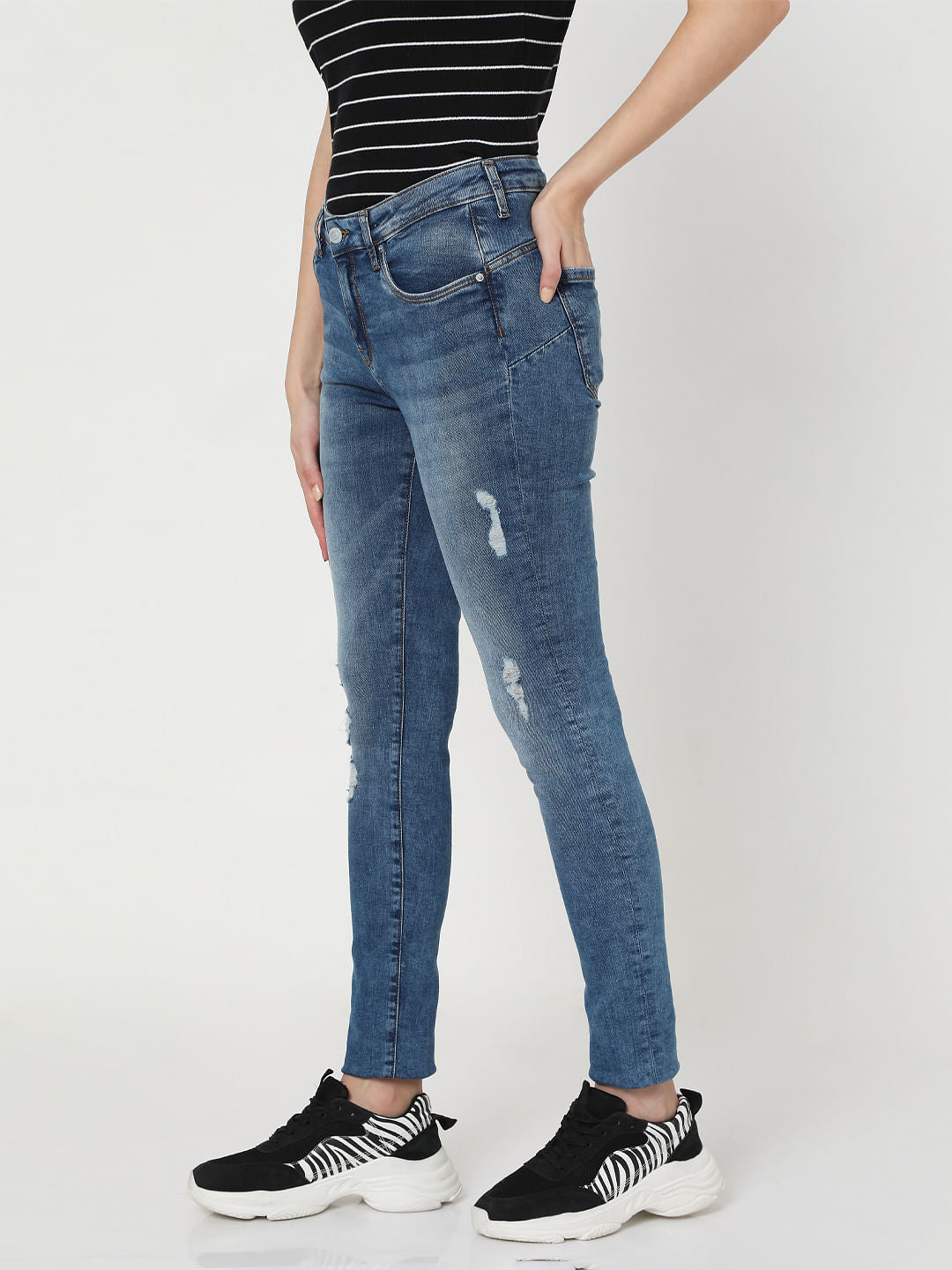 Blue Mid Rise Ripped Pushup Jeans