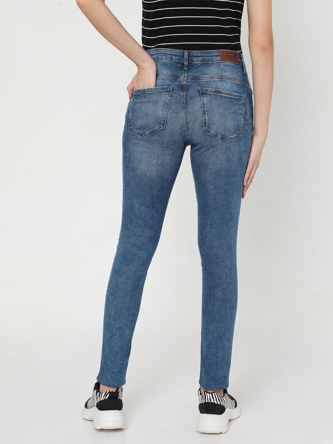 Blue Mid Rise Ripped Pushup Jeans