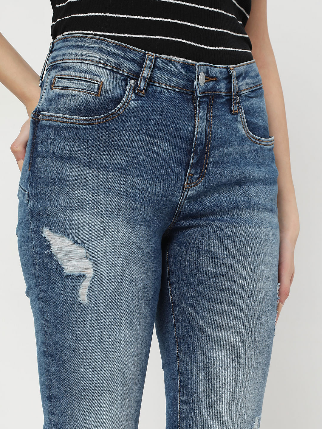 Blue Mid Rise Ripped Pushup Jeans