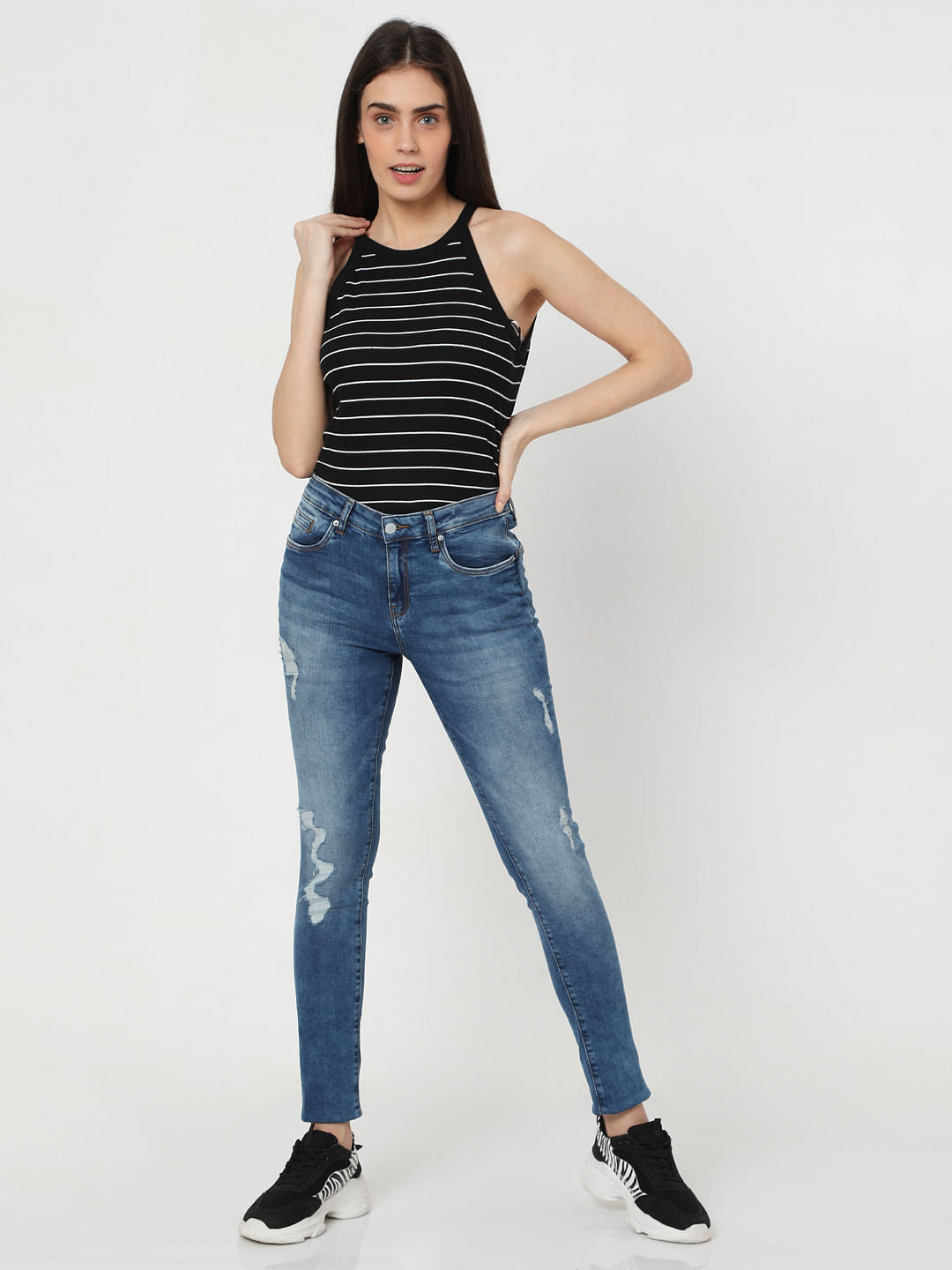 Blue Mid Rise Ripped Pushup Jeans