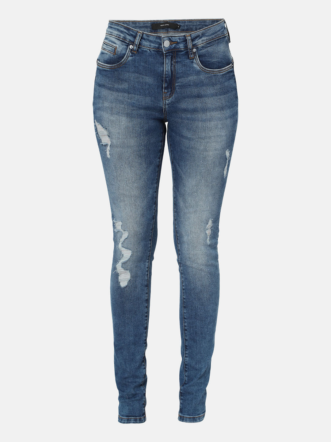 Blue Mid Rise Ripped Pushup Jeans