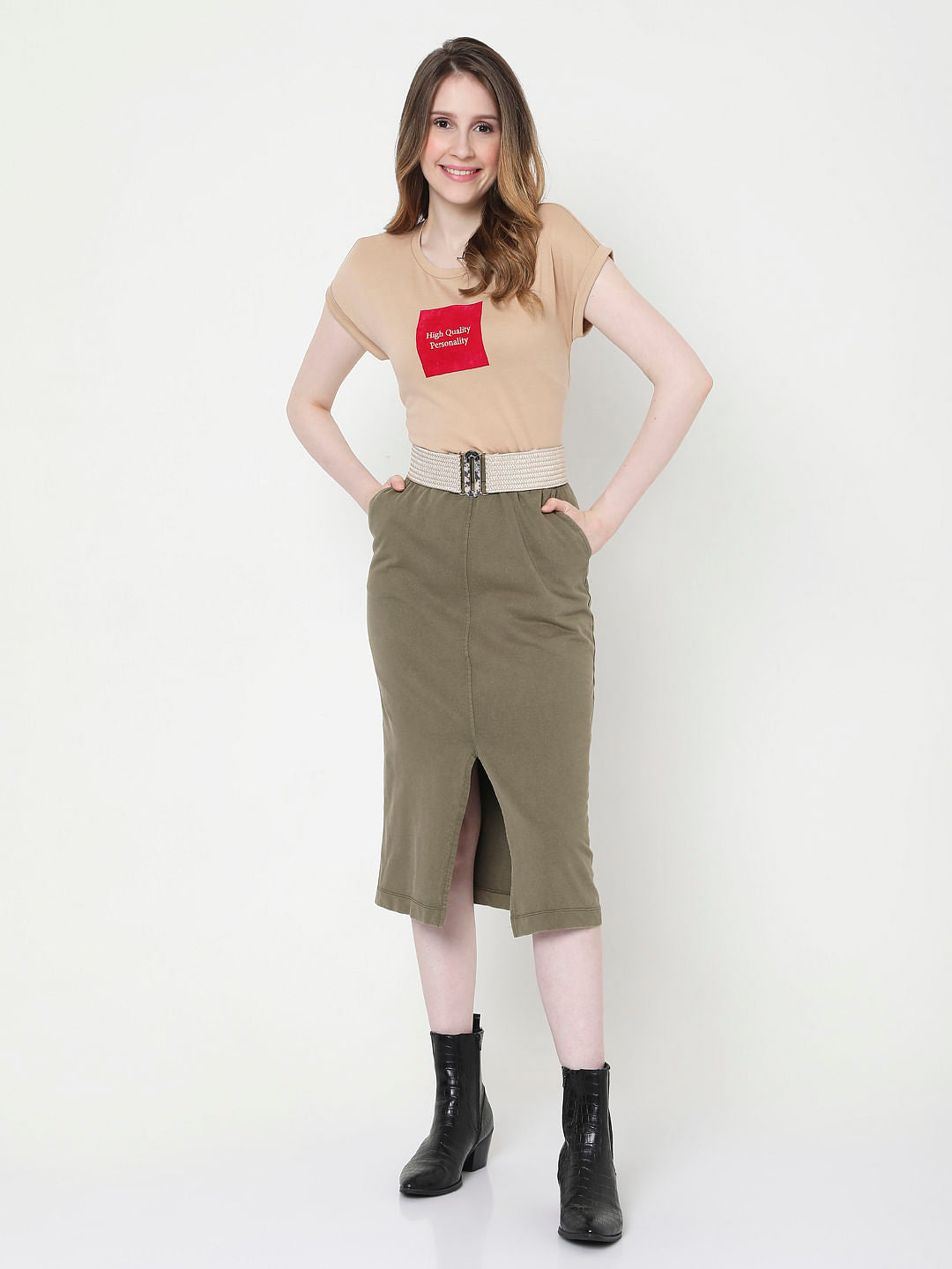 Beige Slogan Print T-Shirt