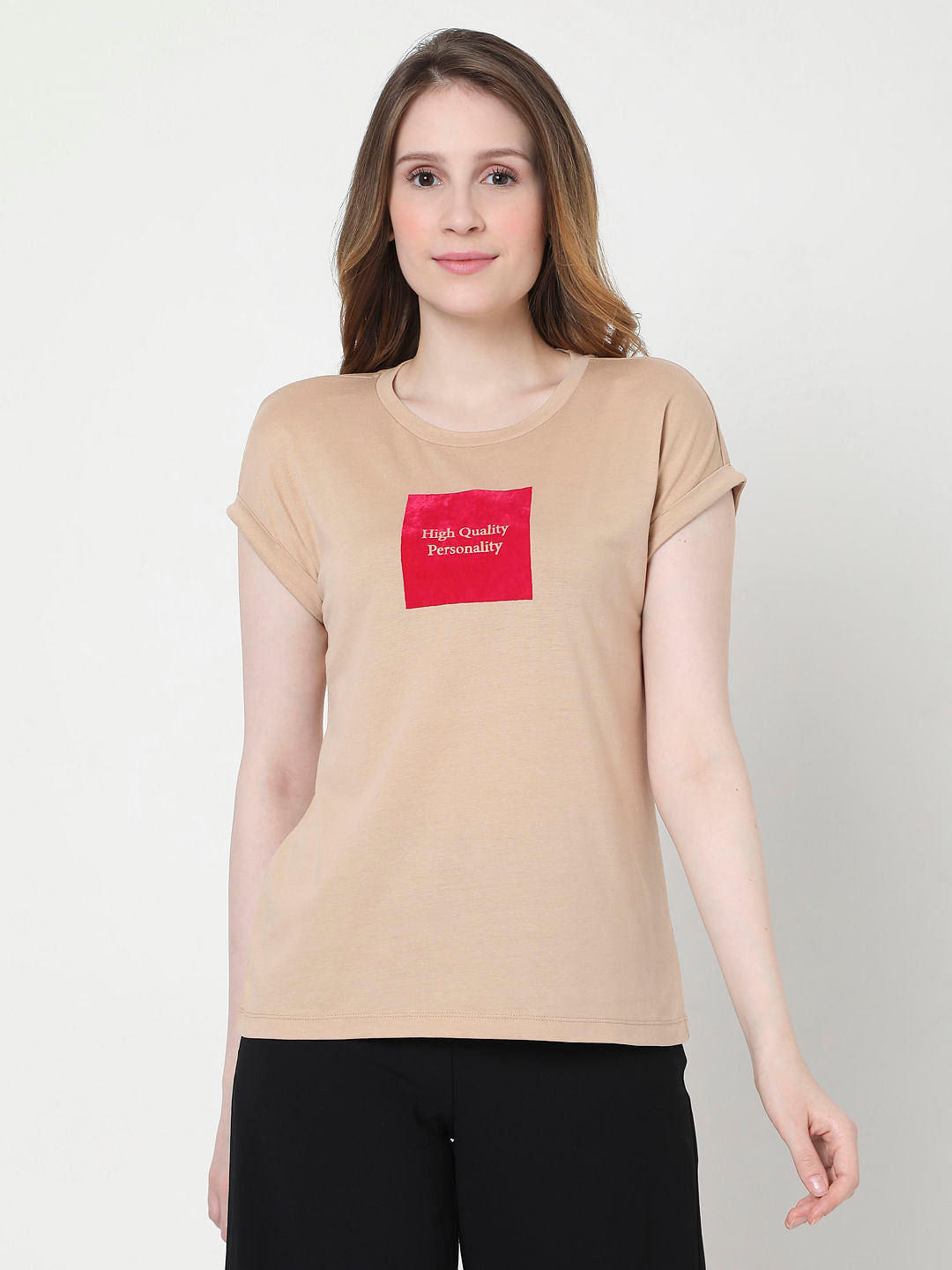 Beige Slogan Print T-Shirt