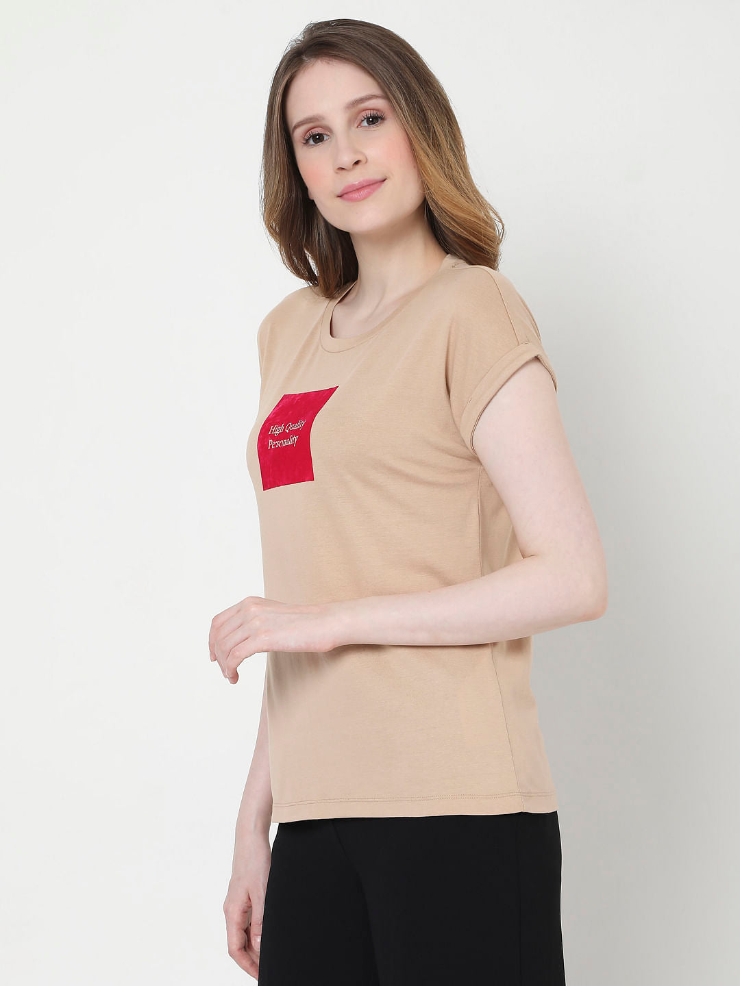 Beige Slogan Print T-Shirt