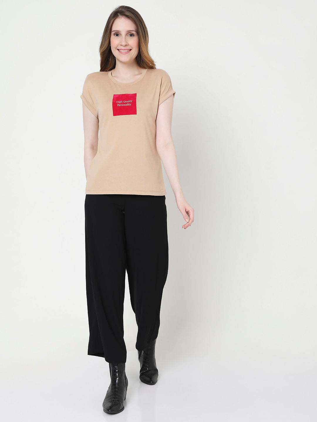 Beige Slogan Print T-Shirt