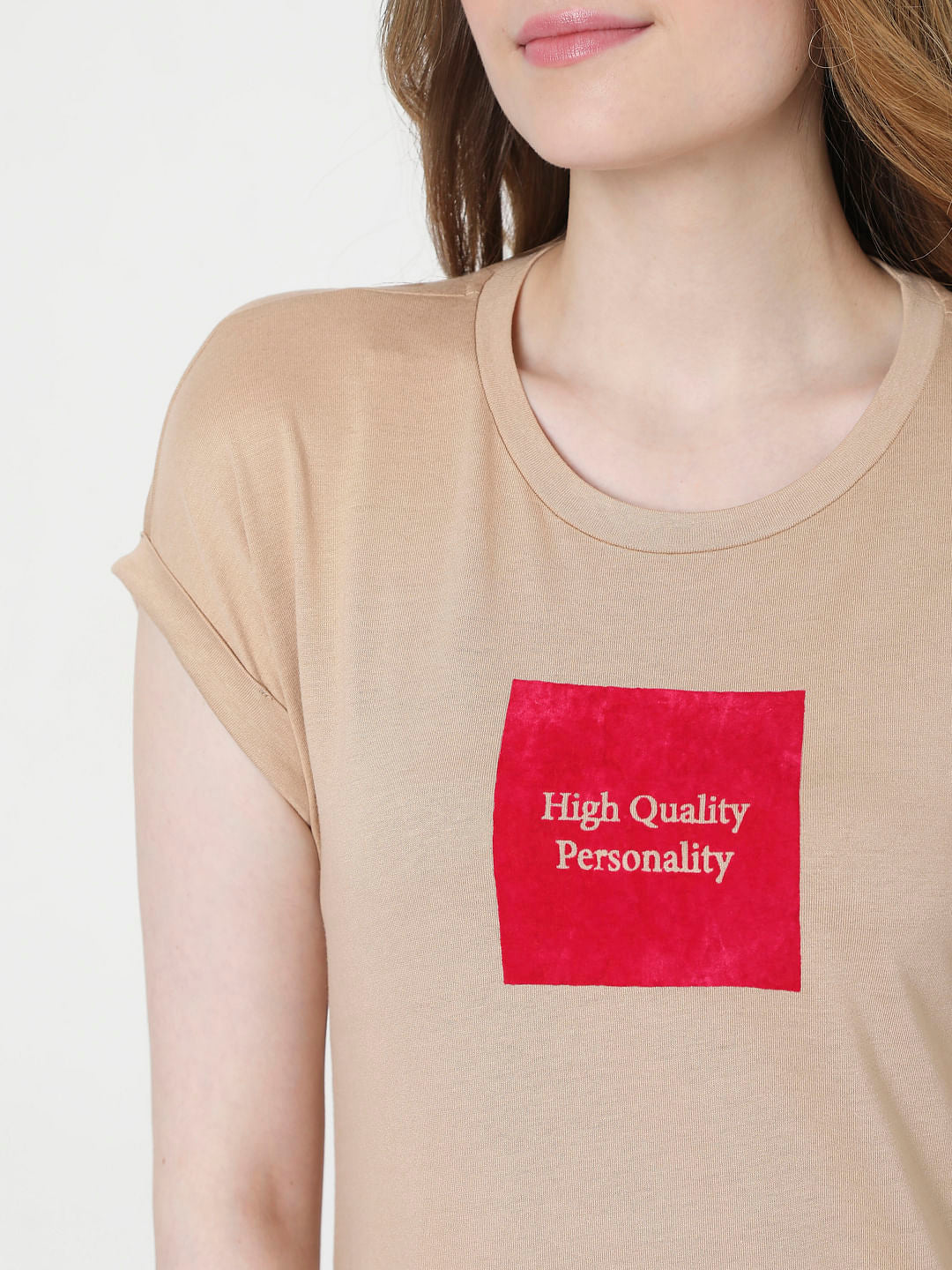 Beige Slogan Print T-Shirt