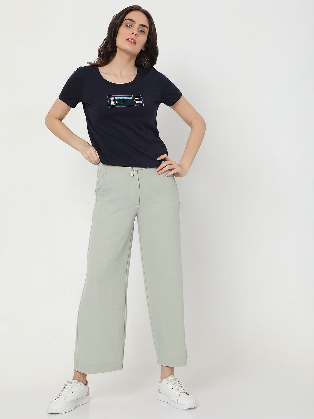 Blue Slogan Print Cropped T-Shirt