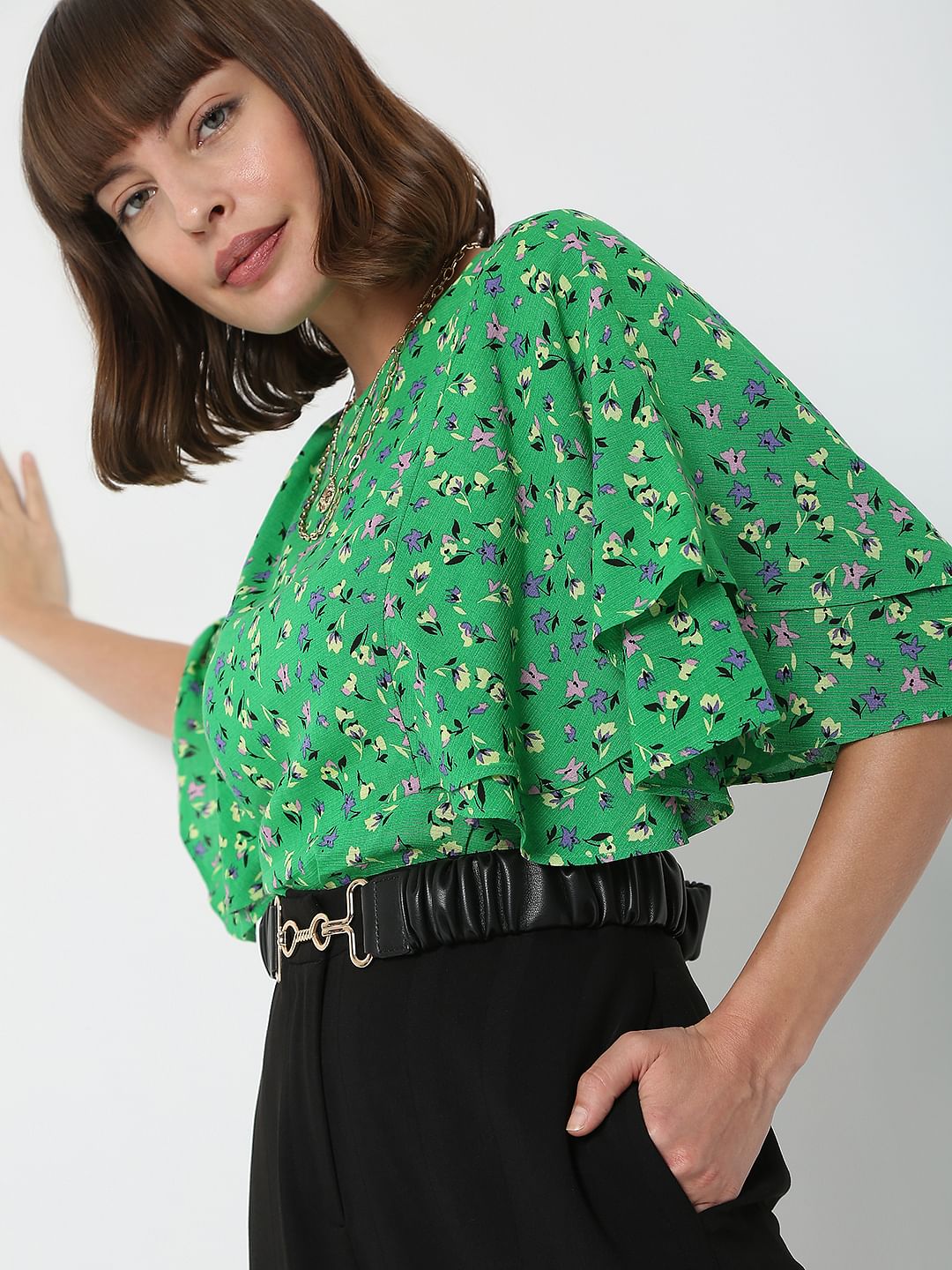 Green Flared Sleeves Top