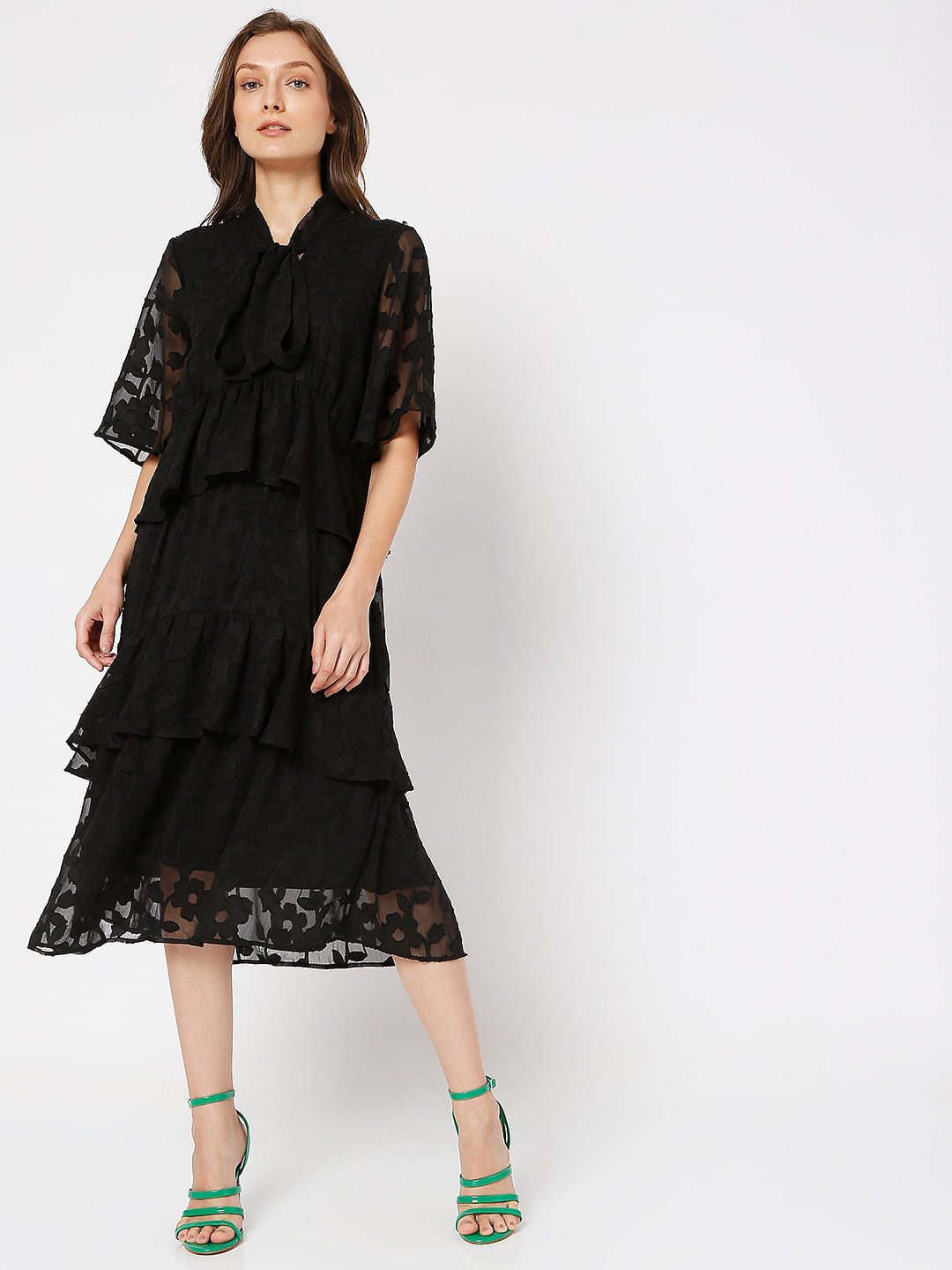 Black Burnout Print Midi Dress
