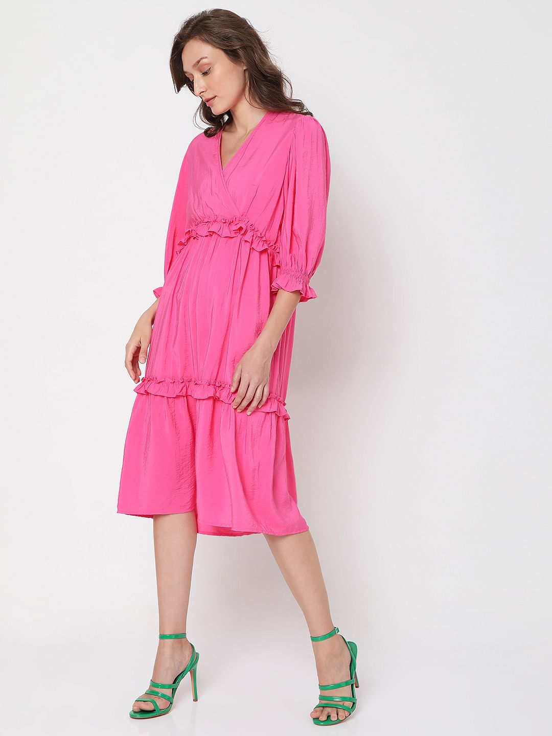 Pink Ruffle Tiered Midi Dress