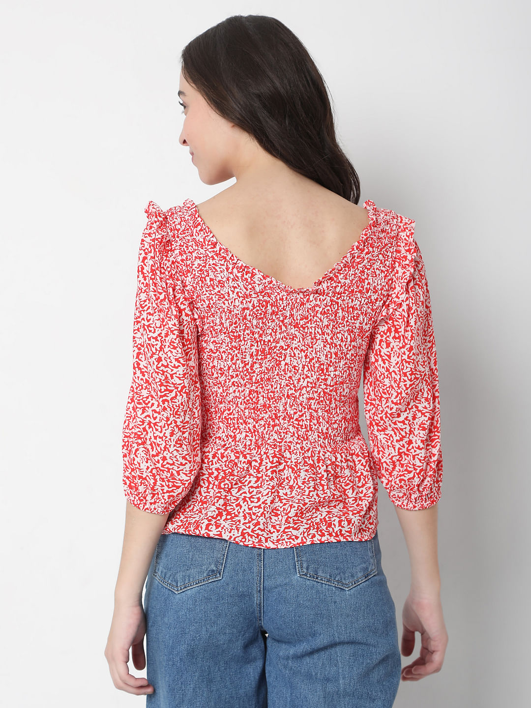 Red Printed Boat Neck Top