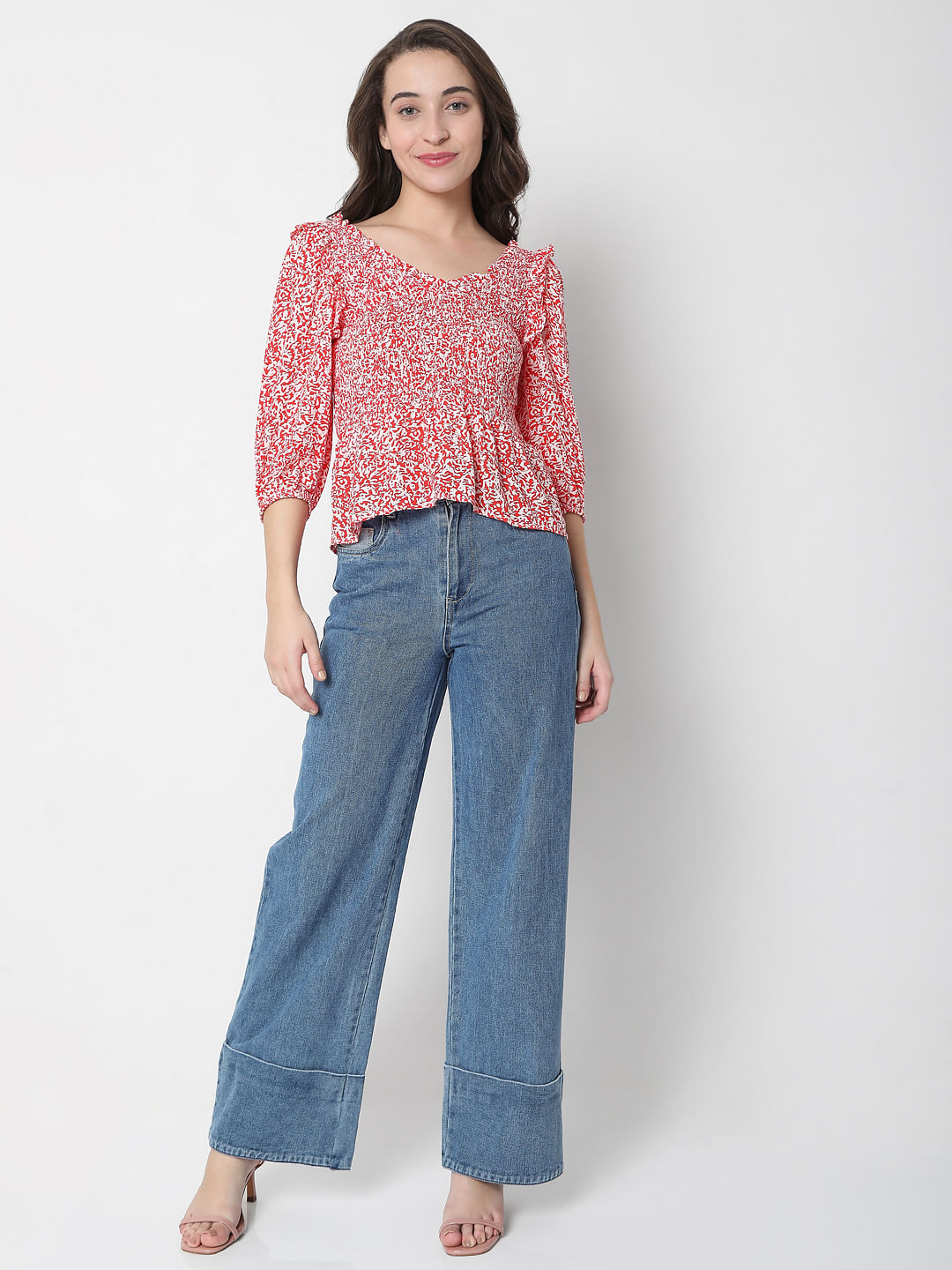 Red Printed Boat Neck Top