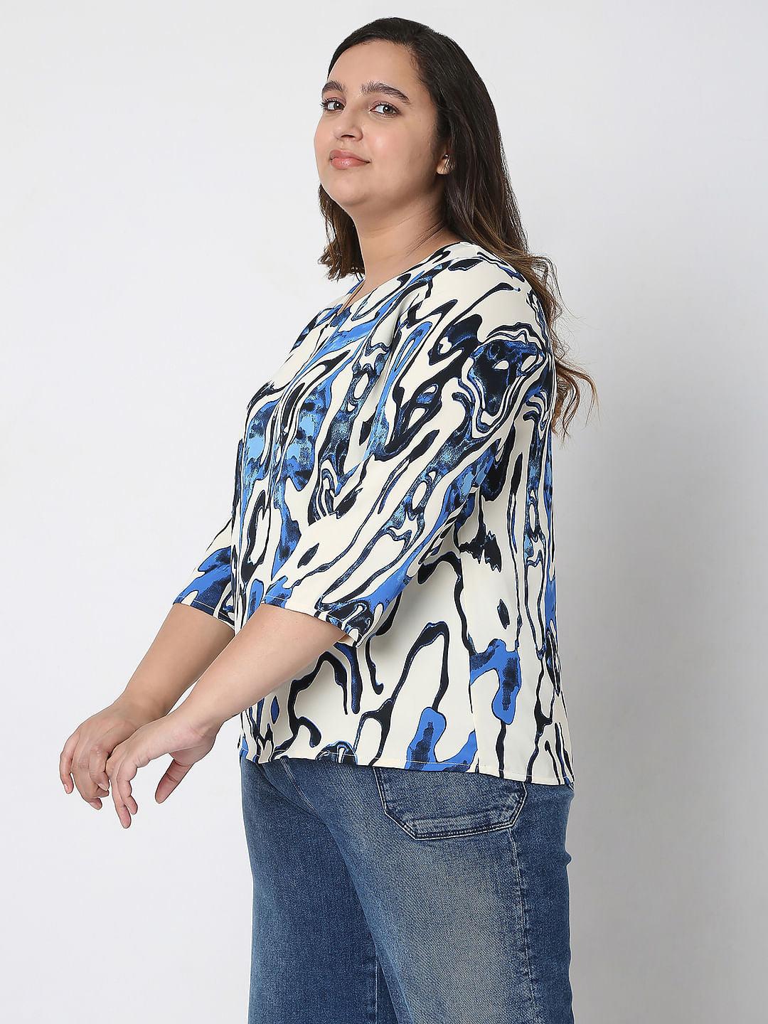 Curve White Abstract Print Top