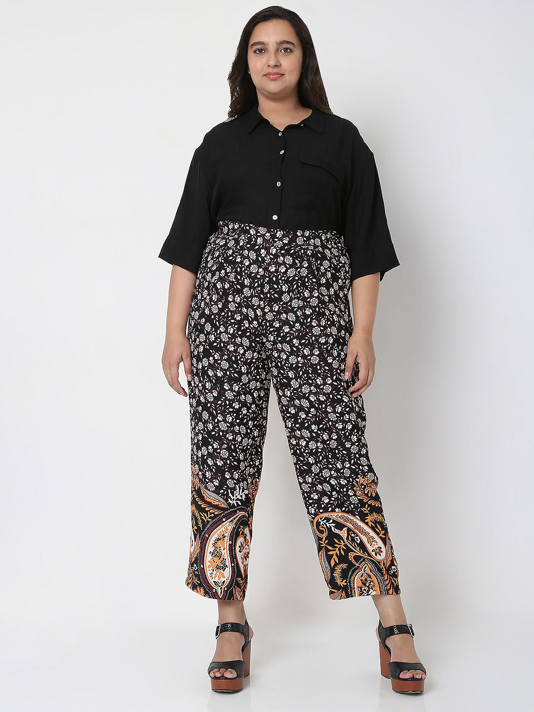 Curve Black High Waist Paisley Print Co-Ord Set Trousers