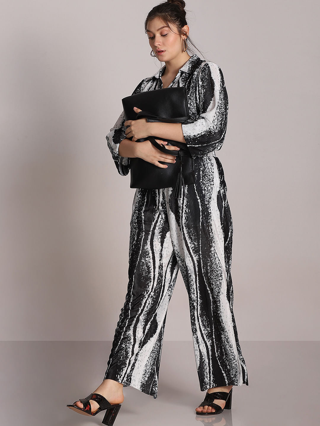 Curve Black Printed Pleated Co-Ord Set Pants