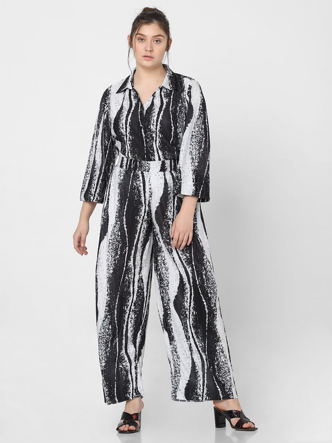 Curve Black Printed Pleated Co-Ord Set Pants