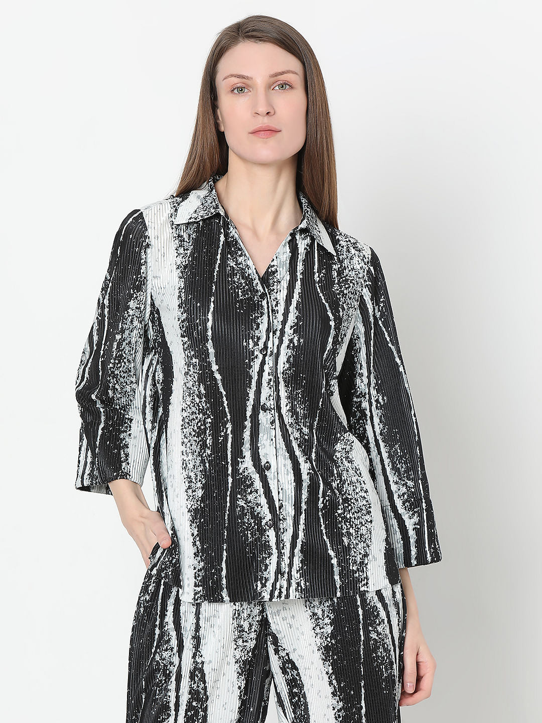 Black Printed Pleated Co-Ord Set Shirt