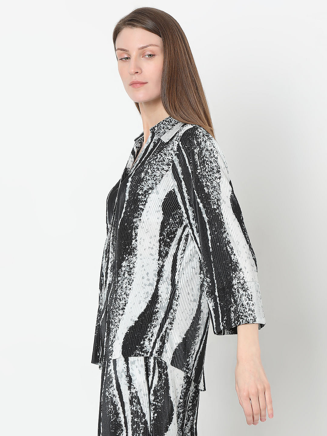 Black Printed Pleated Co-Ord Set Shirt