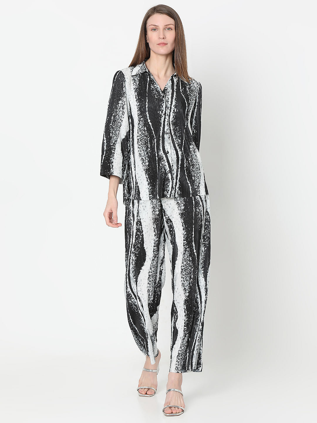 Black Printed Pleated Co-Ord Set Shirt