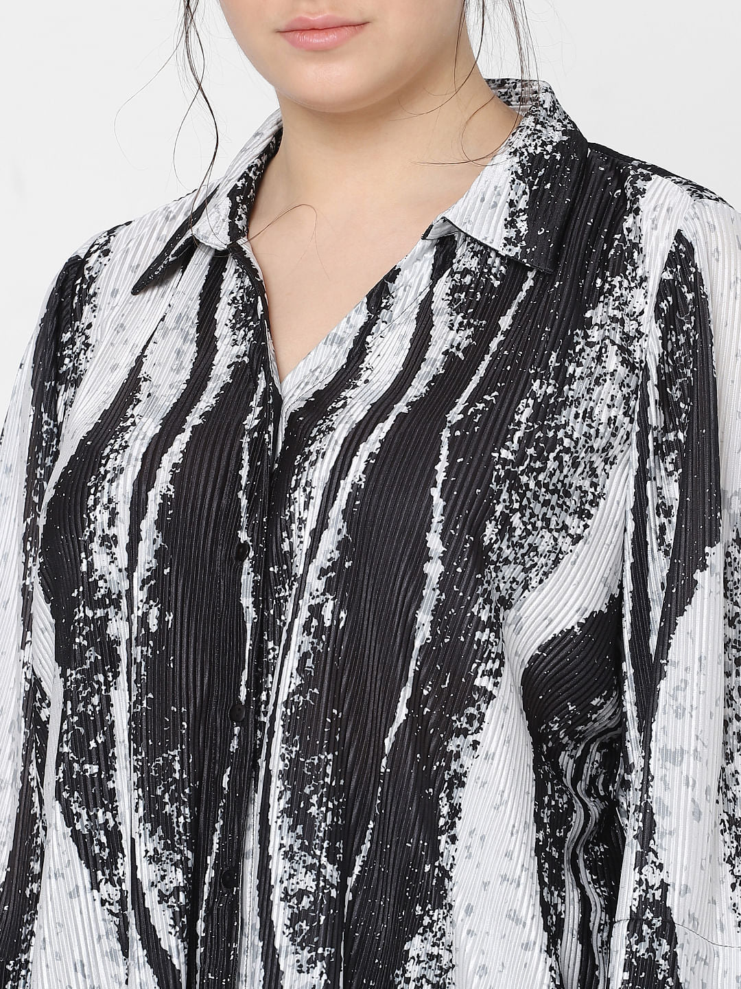 Curve Black Printed Pleated Co-Ord Set Shirt