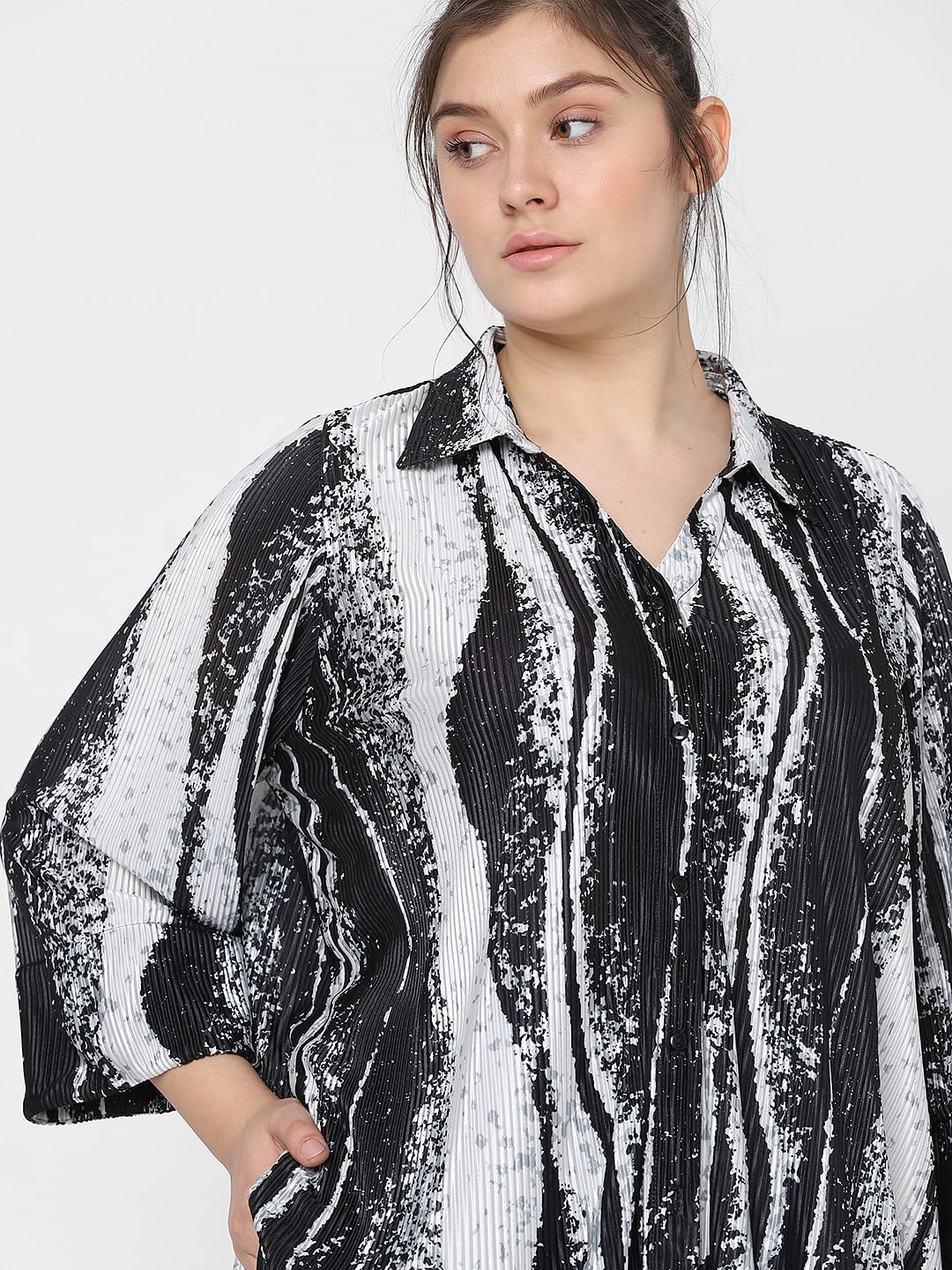 Curve Black Printed Pleated Co-Ord Set Shirt