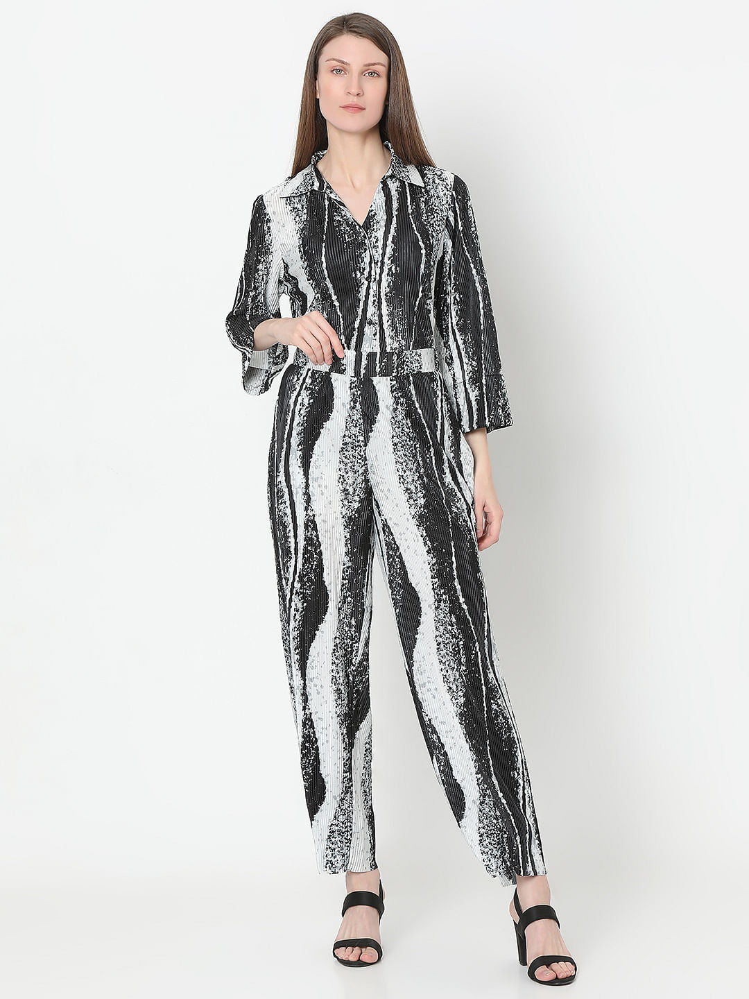 Black Printed Pleated Co-Ord Set Pants