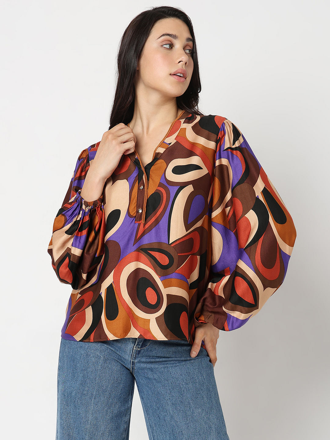 Brown Abstract Print Top