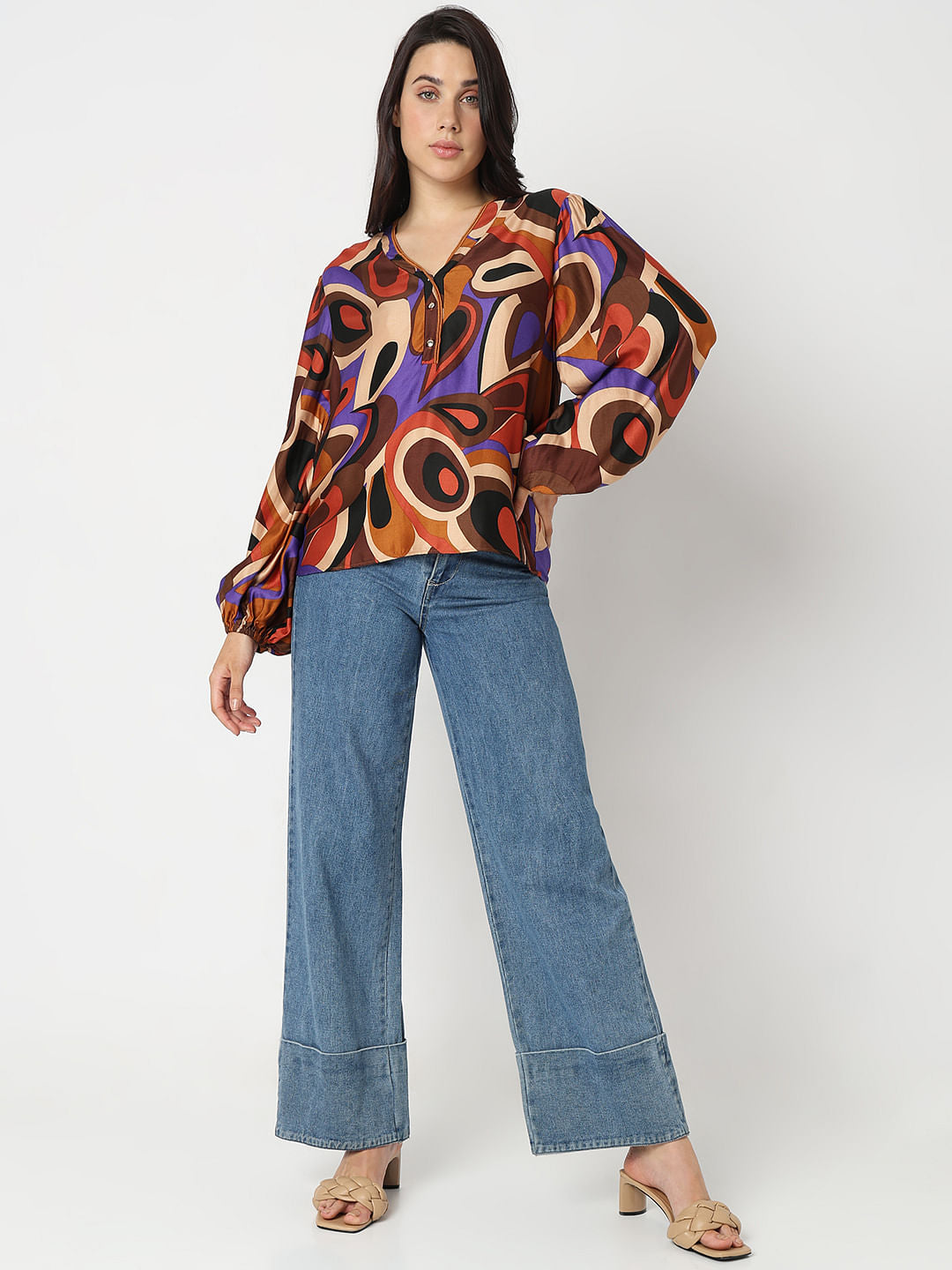 Brown Abstract Print Top